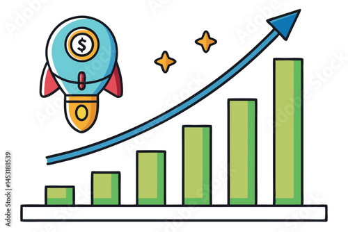 Financial success growth illustration showing rocket launch with increasing investment and graphs symbolizing profit and progress
