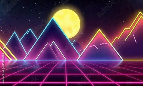 Vibrant Neon Mountain Landscape Under a Glowing Sun at Night in a Futuristic Setting Video Animation