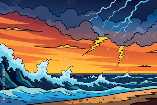 Turbulent waves in a stormy ocean scene with dramatic skies and lightning, evoking a sense of natures fury and raw energy during a fierce storm