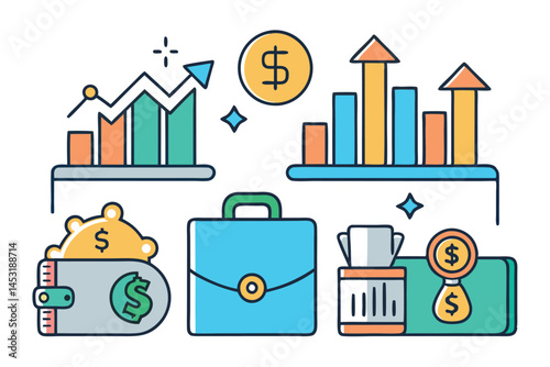 finance and business icons such as a piggy bank, dollar bill, and charts showing upward investment growth