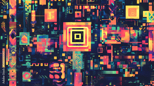 Qr code. [Neon Folklore] | Pixel Runes | coded symbols. Illustration