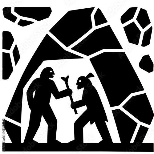 Two cavemen exchange a tool in a cave, depicted in black and white vector art.