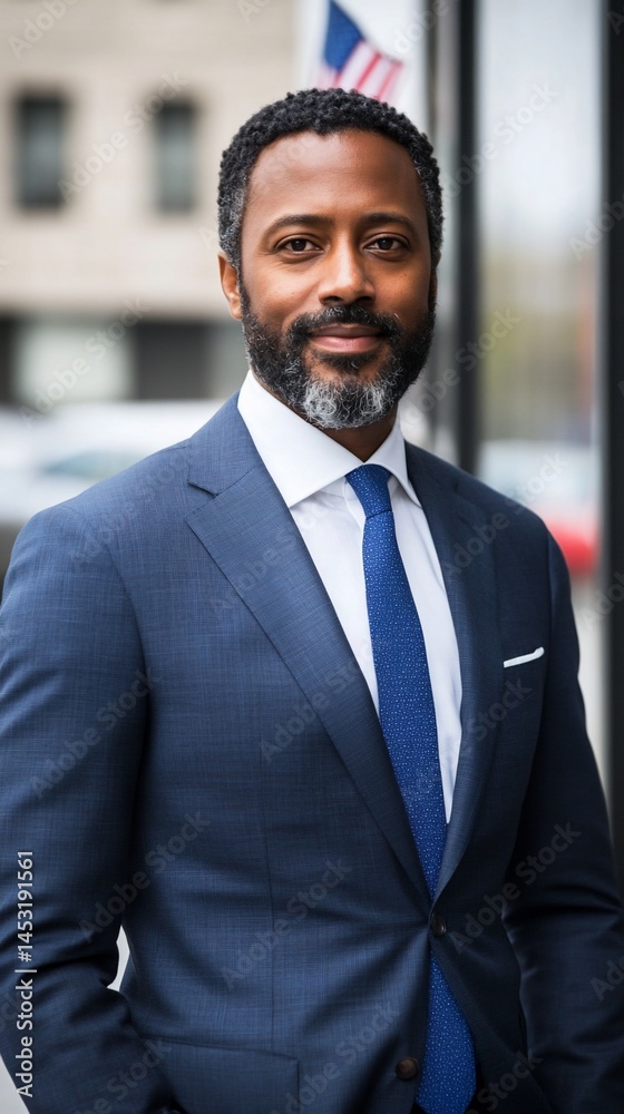 Portrait of a smiling, middle-aged African-American man in a navy blue suit and blue tie, outdoors