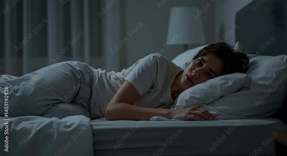Woman suffering from insomnia awake in bed at night unable to sleep feeling anxious and stressed out Woman suffering from insomnia awake in bed at night unable to sleep feeling anxious and stressed out