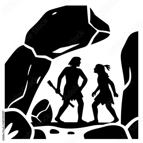 A black and white vector illustration of two cavemen silhouetted against a rocky cave backdrop.