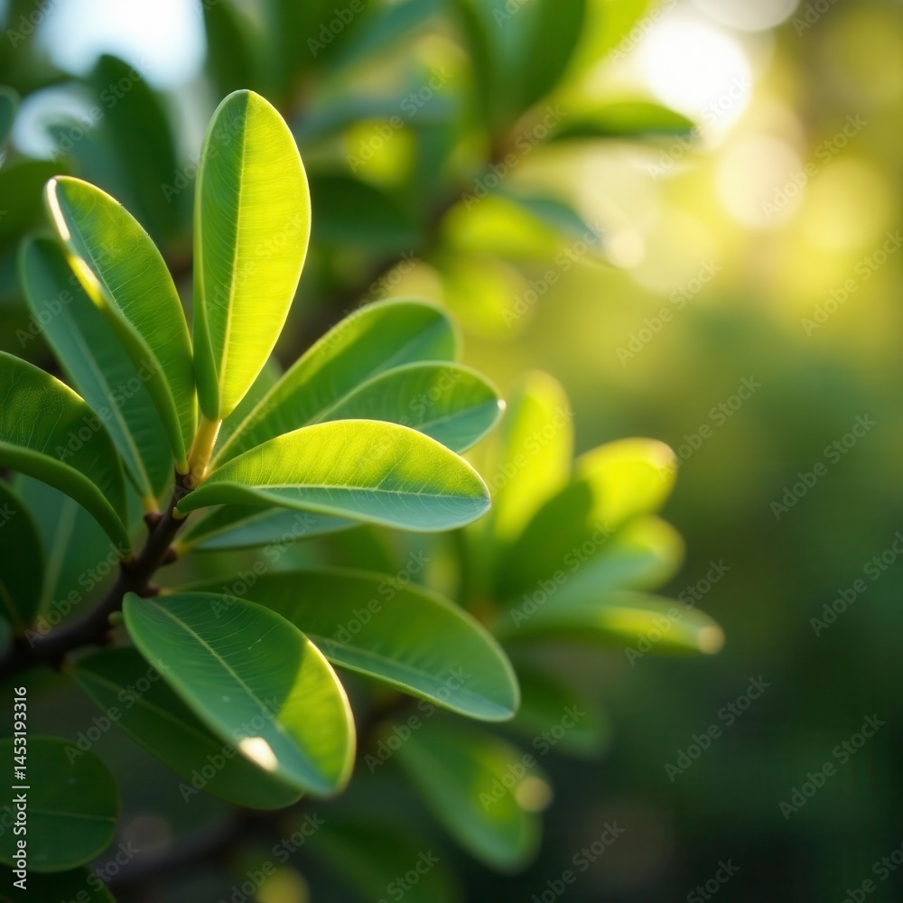 Obraz premium Sun-drenched eucalyptus leaves, sharp focus on foreground, blurred background, natural, texture