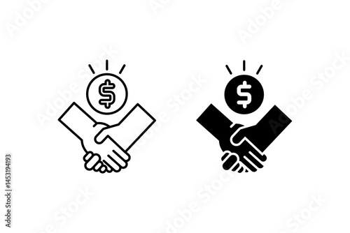 Acquisition concept with handshake icons and dollar coin. Perfect for business presentations, financial newsletters, corporate websites, and marketing materials.