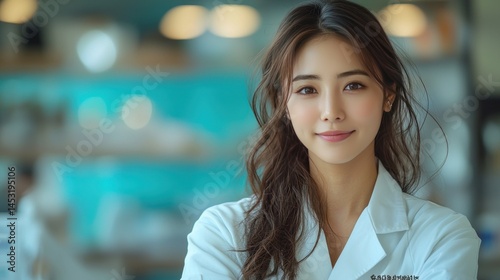 Portrait of a Young Asian Woman in a White Coat