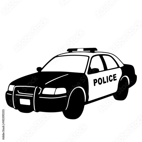 Black and white illustration of a police car, side view.