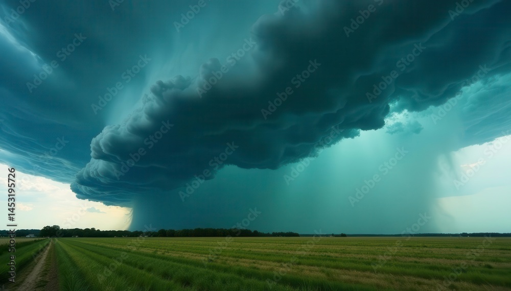 Immense dark storm cloud descends, monstrous tornado tearing through fields, lightning, field, damage Immense dark storm cloud descends, monstrous tornado tearing through fields, lightning, field, damage