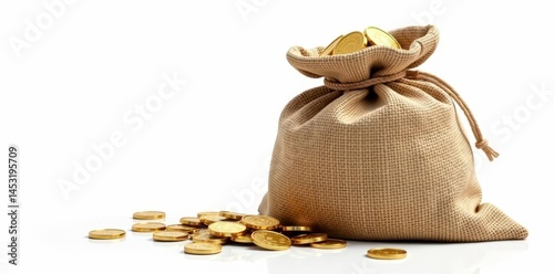 Heavy burlap sack bulging with scattered gold coins, white backdrop , gold, background