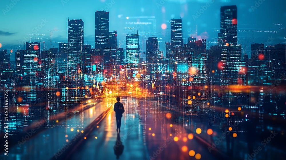 Obraz premium Futuristic cityscape with glowing digital elements overlaying skyscrapers