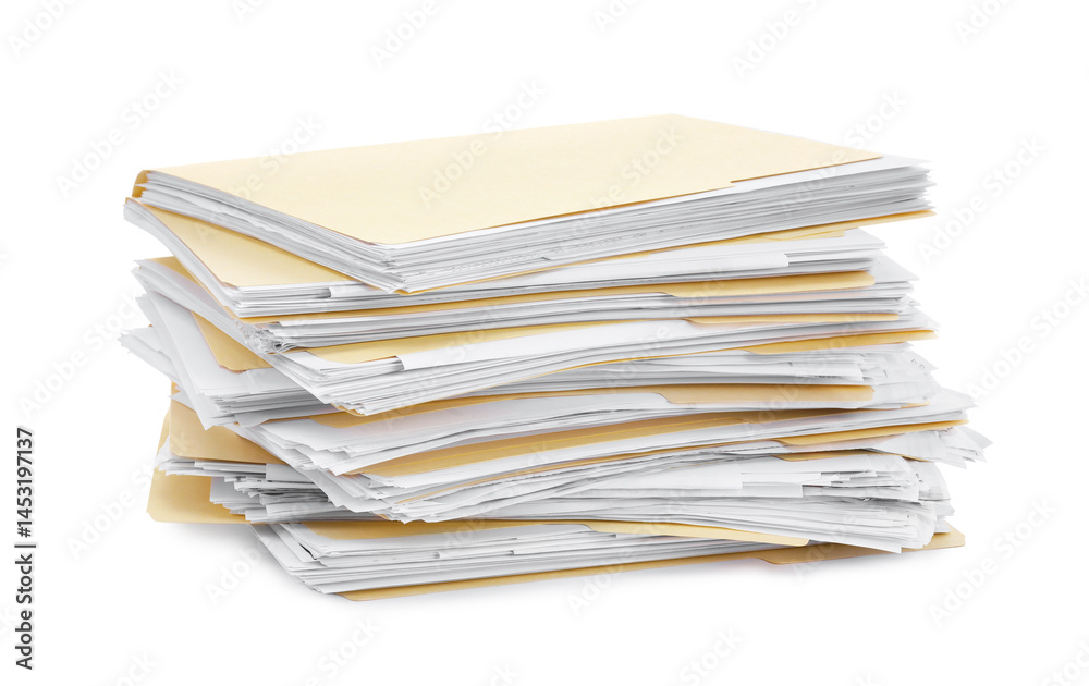 Stack of file folders with papers isolated on white Stack of file folders with papers isolated on white