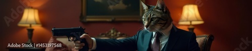 Sleek cat, tailored suit, pistol, dimly lit setting , sophisticated, criminal, animal