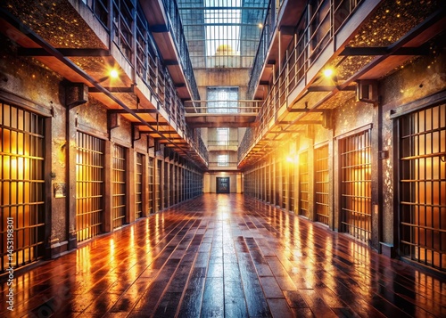 Polished Prison Cell Block: Wooden & Metal Details, Bokeh Effect Stock Photo