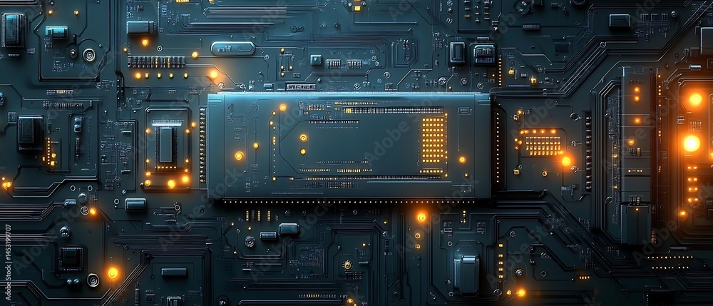 Fototapeta premium Circuit board detail, glowing components