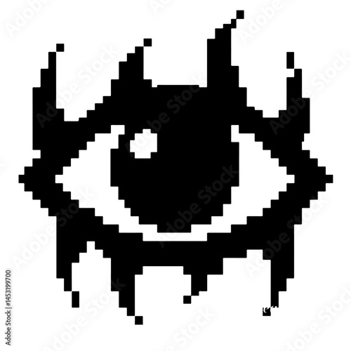 Pixel art eye, black, white, abstract, symbol, design element.