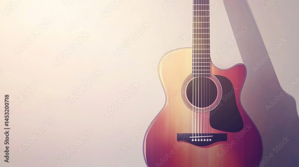 Fototapeta premium Acoustic guitar leaning against a light wall. Soft light casts a shadow