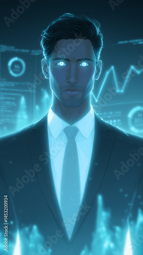 Digital businessman with glowing eyes analyzing data in cyberpunk style  