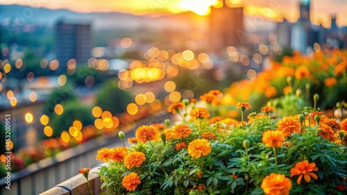 Rooftop Garden Cityscape Bokeh: Vibrant Orange Flowers & Lush Greenery