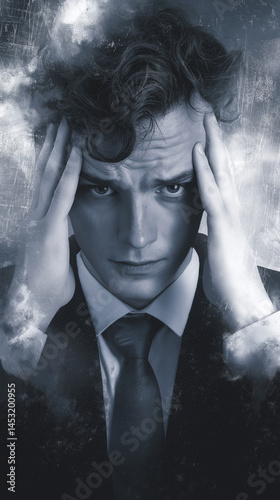 Distorted face expressing stress in a dark, grunge background  