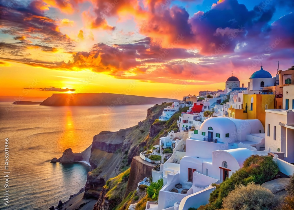 Santorini Sunset Postcard: Hand-Drawn Pastel Aegean Sea & White Cliffs Landscape