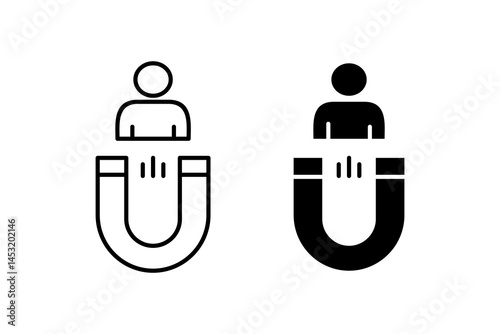 Customer engagement icon featuring magnet attracting a person suitable for marketing and sales concepts, customer retention strategies, and social media campaigns.