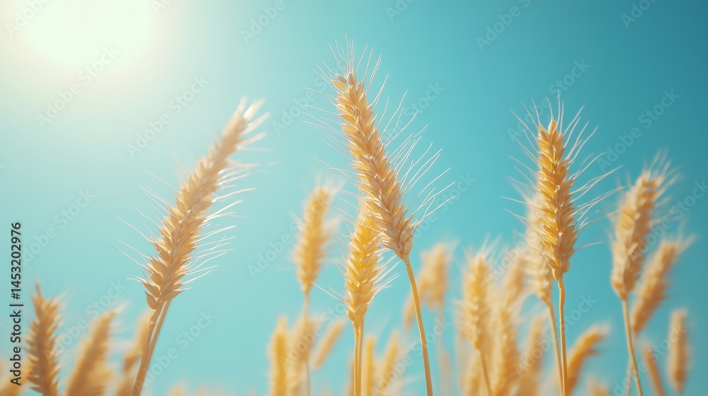 Fototapeta premium Golden wheat field under blue sky for rural summer themes and backgrounds