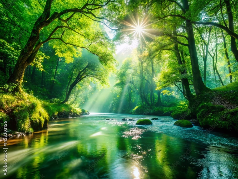 Obraz premium Serene Forest River: Double Exposure Nature Photography