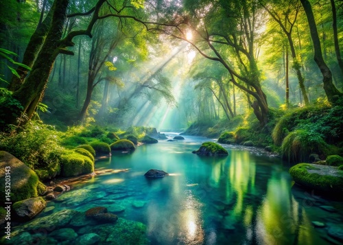 Serene Forest Oasis: Lush Greenery, Crystal Stream Wallpaper