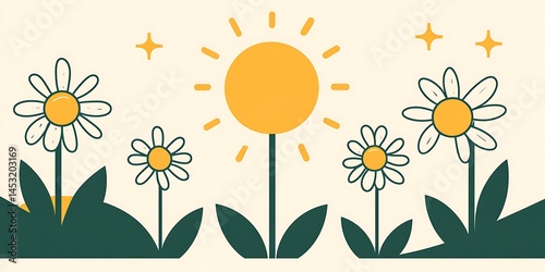 Delightful daisy garden under sunshine in flat vector illustration