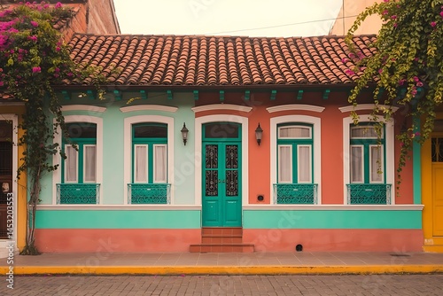 Front view of a colorful Latin American house in Lima, Peru, featuring traditional architecture and vibrant urban charm in a South American townscape.