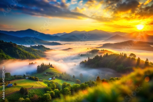 Serene Sunrise: Foggy Mountain Valley Tilt-Shift Photography