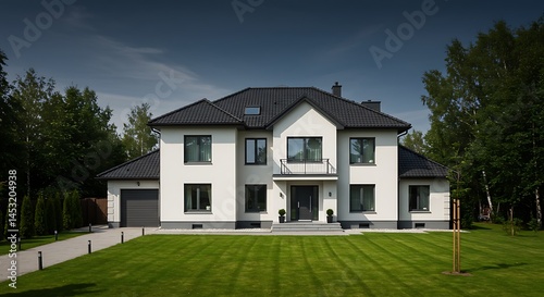 Wallpaper Mural An elegant modern single-family house located in Poland, featuring a neat lawn with no fence. The European-style design includes a sleek facade, roof tiles, and expansive windows, emphasizing its spac Torontodigital.ca