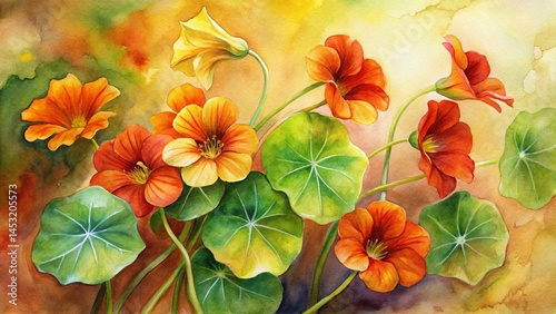 Serene Watercolor Nasturtiums: Burnt Orange & Leafy Green Floral Panorama