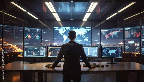 A business professional stands in a futuristic control room, observing global data, charts, and real-time analytics on multiple digital displays to assess worldwide activity and performance.

