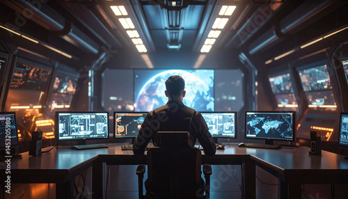 Fototapeta Naklejka Na Ścianę i Meble -  Back view of a man in a high-tech futuristic command center, analyzing global security data and space operations on multiple digital screens with a large Earth display.

