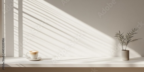 Window light casting shadows on a coffee cup and plant on table top