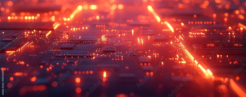 Fototapeta premium Red circuit board, data flow, tech background