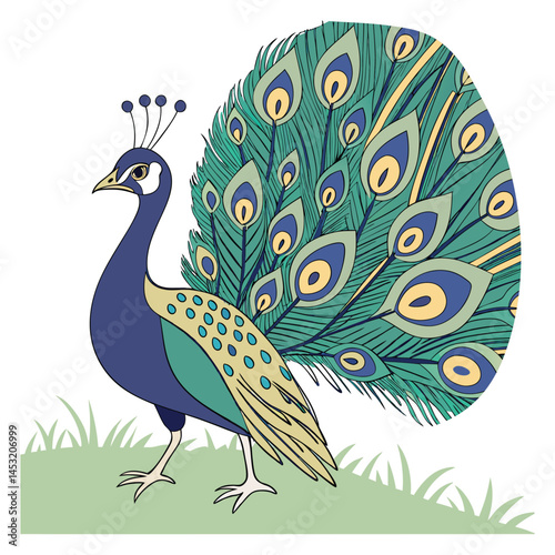 Peacock Line Art with Tail Details Royal Bird Graphic for Posters and designer
