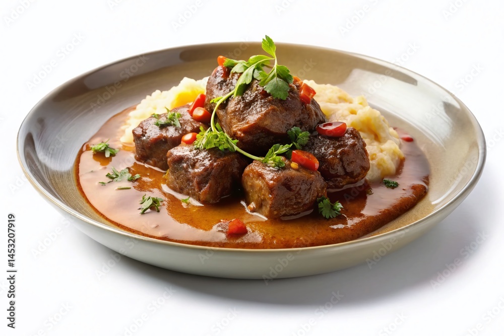 Slow-Cooked Australian Beef Cheek Massaman Curry with Creamy Mashed Potatoes - Thai Food Menu Photography Slow-Cooked Australian Beef Cheek Massaman Curry with Creamy Mashed Potatoes - Thai Food Menu Photography