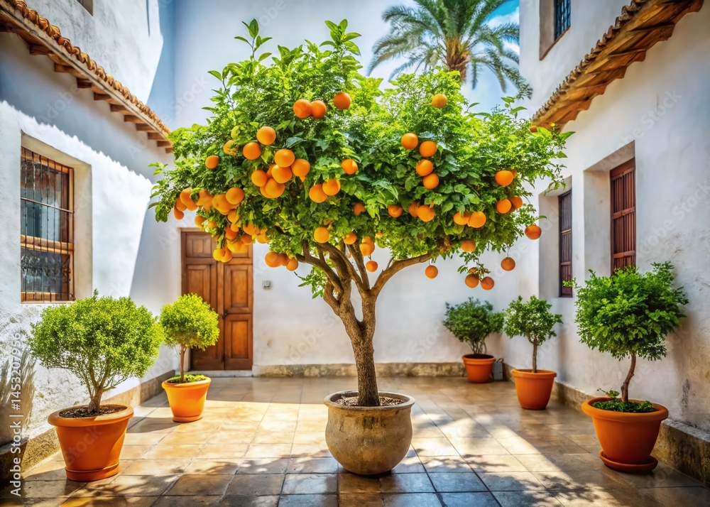Fototapeta premium Small Tangerine Tree in Architectural Setting - Sunny Courtyard