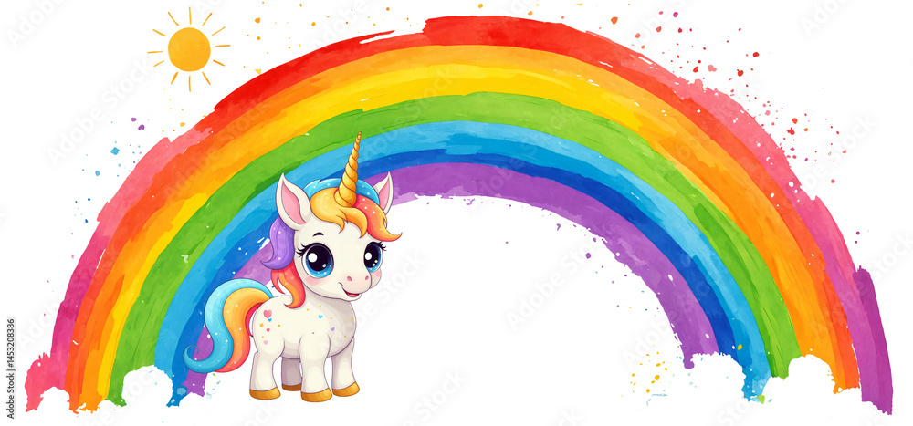 unicorn illustration with rainbow and sun unicorn illustration with rainbow and sun