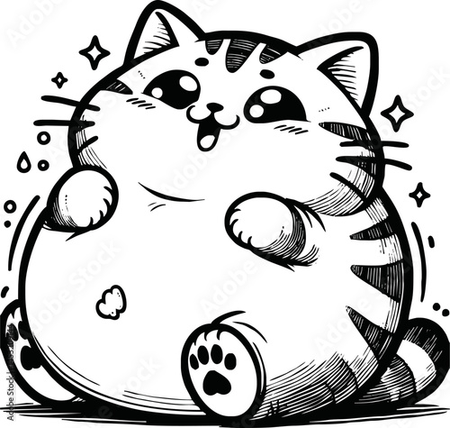 Cute happy fat cat is sitting like Buddah. Outline Cat in kawaii style. Hand drawn vector illustration. Line art cat mascot character. Coloring page