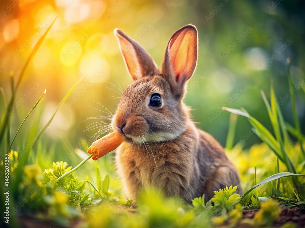 Fototapeta premium Spring Rabbit Enjoying Picnic Watercolor Illustration - Cute Bunny Eating Food in Meadow