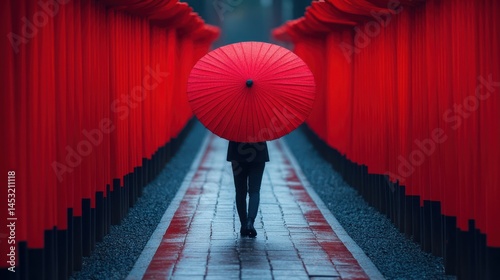 Serene Stroll Under Red Umbrella in Japan's Mystical Red Gate Pathway photo