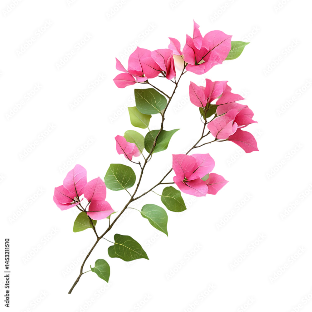 Fototapeta premium Pink Bougainvillea Branch with Green Leaves on Transparent Background