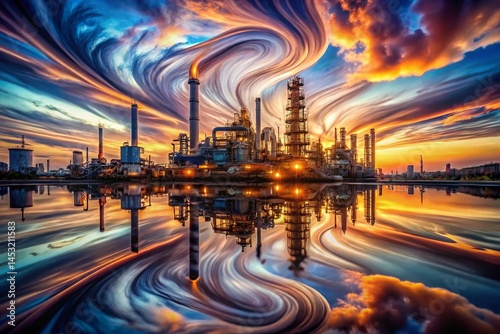 Surreal Dusk Oil Refinery: Dreamlike Industrial Landscape