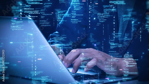 Developer hand typing on laptop with abstract digital code, programming, glowing blue data stream, representing cyber security technology.