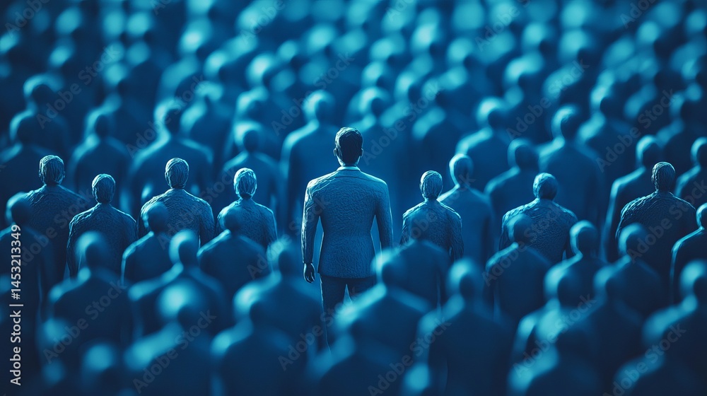 Obraz premium Businessman standing out from a large crowd of people in blue tones 3d team group image power leader